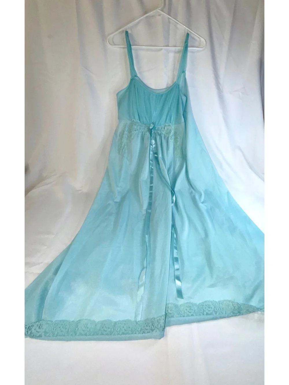 Vintage Van Raalte Light Blue Nylon Nightgown with Lace and Ribbon Detail